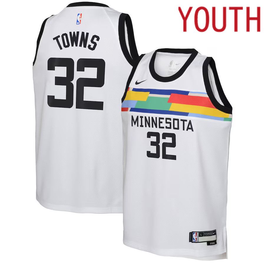 Youth Minnesota Timberwolves #32 Karl-Anthony Towns Nike White City Edition 2022-23 Swingman NBA Jersey